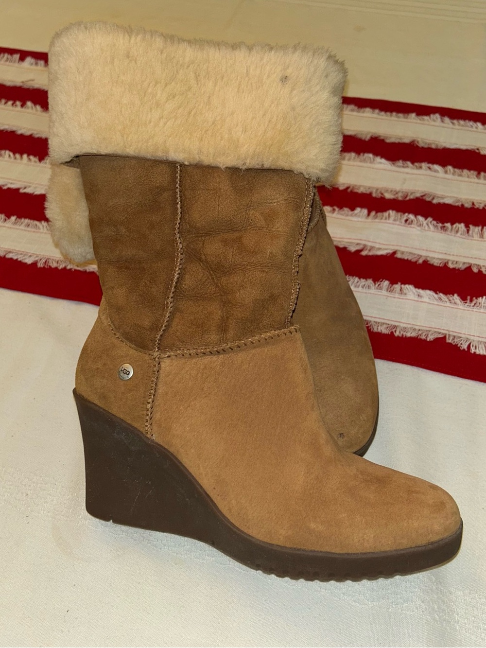 UGG Tan Suede Wedge Boot with Cream Shearling Cuff